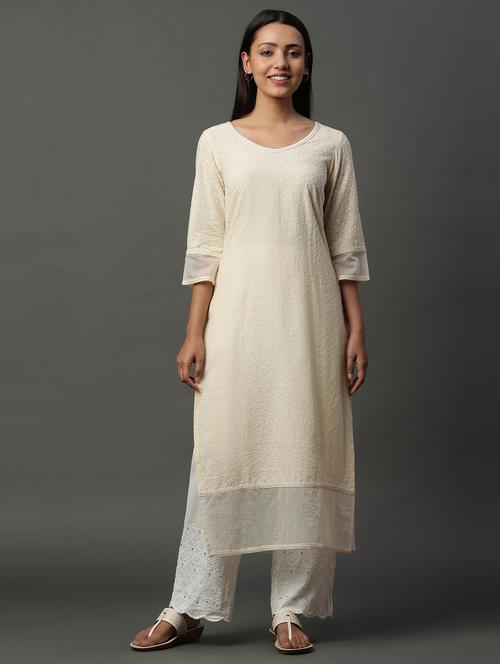 women cream v neck straight kurta - 20968280 - Very Small Image - 1