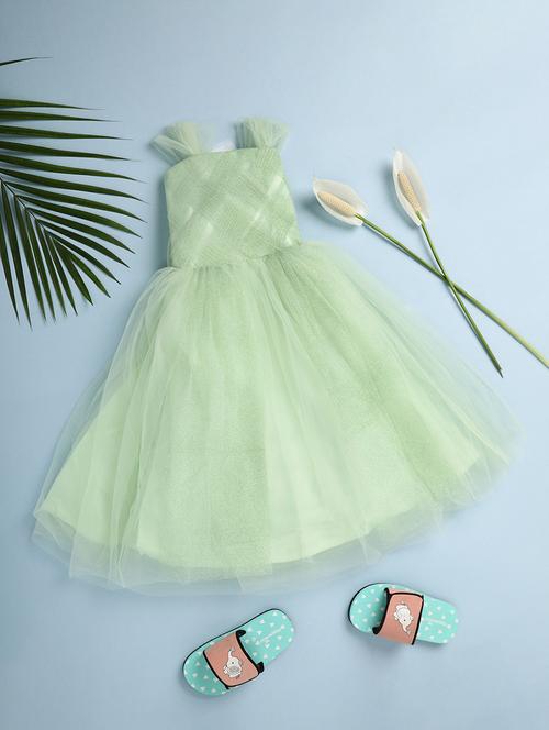 kids green self design detailed frock - 20969610 - Very Small Image - 1
