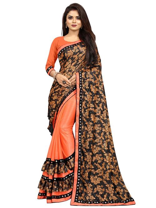 orange floral print ruffle saree with blouse - 20971277 - Very Small Image - 1