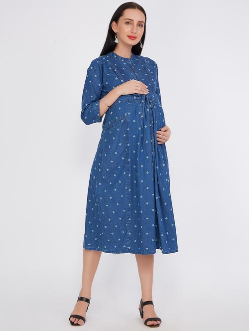 light blue printed detailed denim dress - 20971807 - Very Small Image - 1