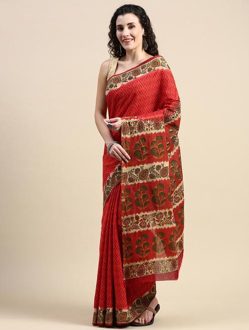 red cotton printed saree - 20971900 - Very Small Image - 1