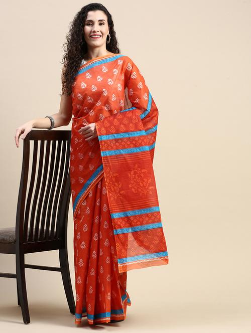 orange cotton printed saree - 20971922 - Very Small Image - 1
