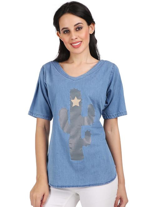 light blue front printed detailed denim top - 20972027 - Very Small Image - 1