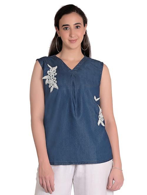 solid dark blue patch detailed regular top - 20972052 - Very Small Image - 1