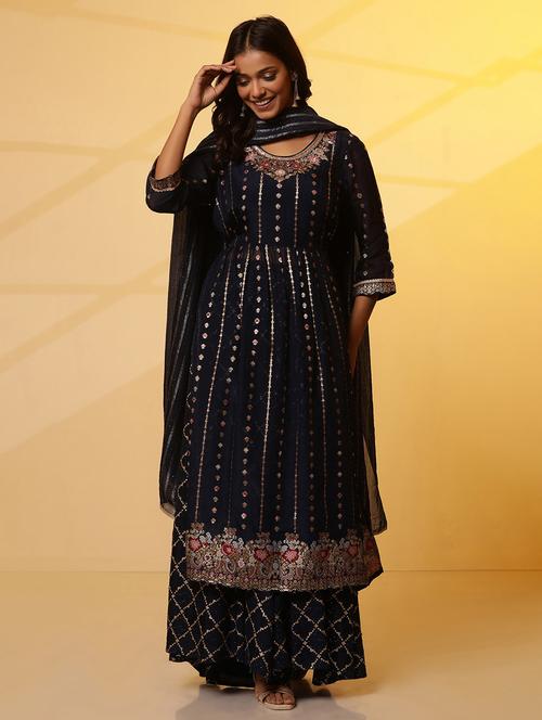 navy blue kurta skirt set with dupatta - 20972634 - Very Small Image - 1