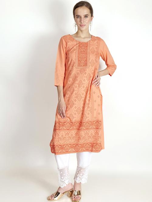 peach printed rayon straight kurta - 20972845 - Very Small Image - 1