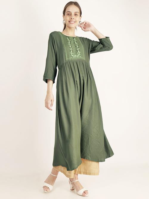 olive three quarter sleeve flared kurta - 20972855 - Very Small Image - 1
