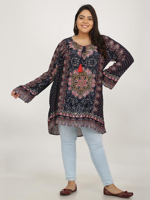 navy blue printed detailed plus size tunic - 20973842 - Very Small Image - 1