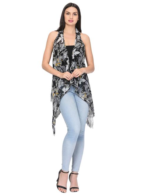 black floral printed asymmetric detailed shrug - 20973998 - Very Small Image - 1