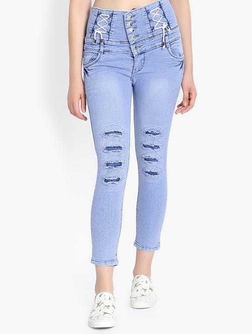 light blue distressed detailed denim jeans - 20981188 - Very Small Image - 1