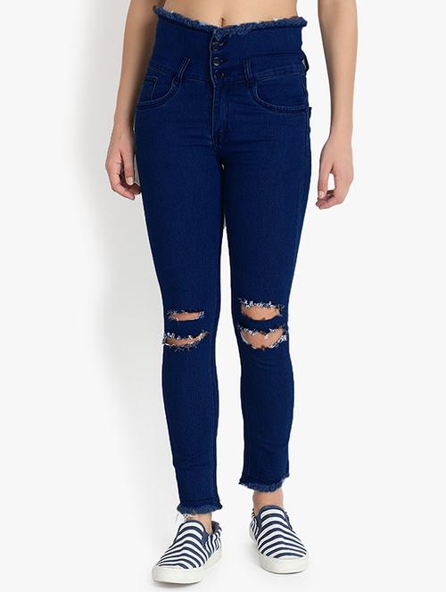 solid blue slash knee detailed denim jeans - 20981609 - Very Small Image - 1