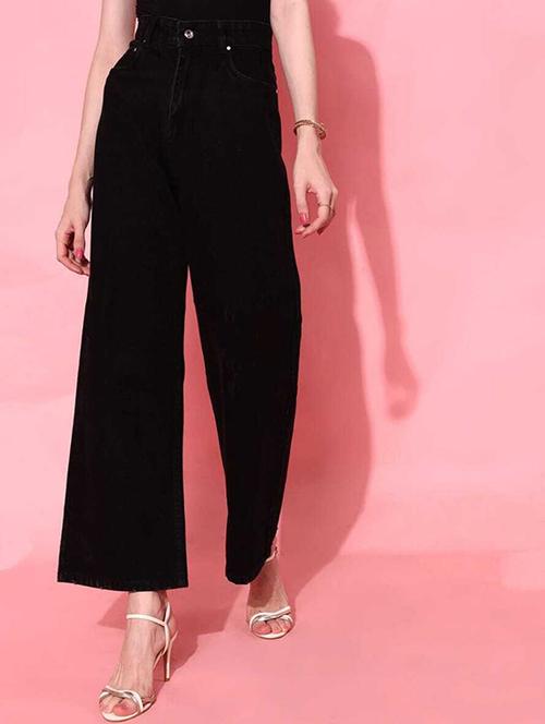 solid black wide leg denim jeans - 20981774 - Very Small Image - 1