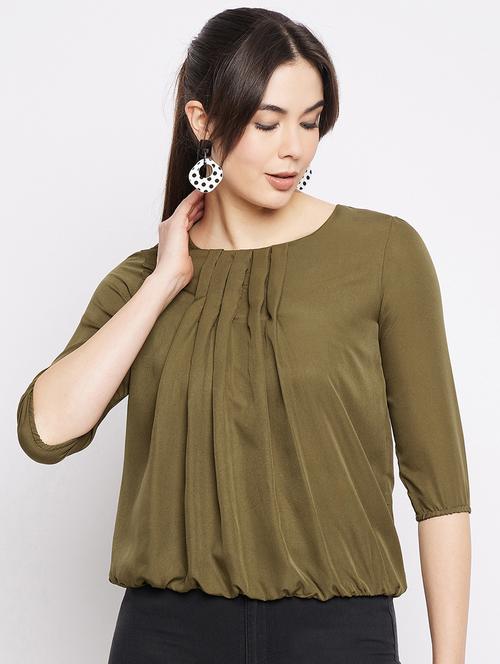 solid olive green pleated detailed casual top - 20982571 - Very Small Image - 1