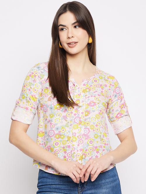 cream floral printed casual top - 20982588 - Very Small Image - 1