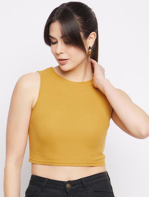 solid mustard hosiery crop top - 20982628 - Very Small Image - 1