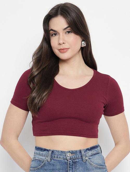 solid maroon hosiery crop top - 20982655 - Very Small Image - 1