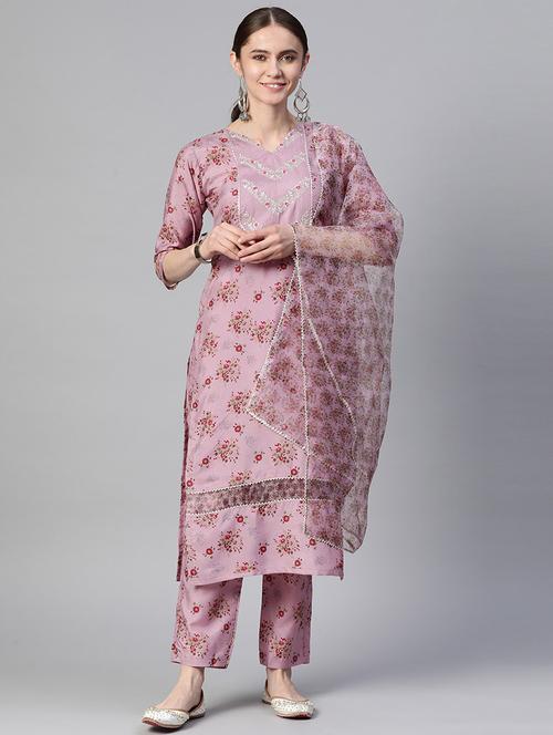 women v neck kurta pant set with dupatta - 20983147 - Very Small Image - 1