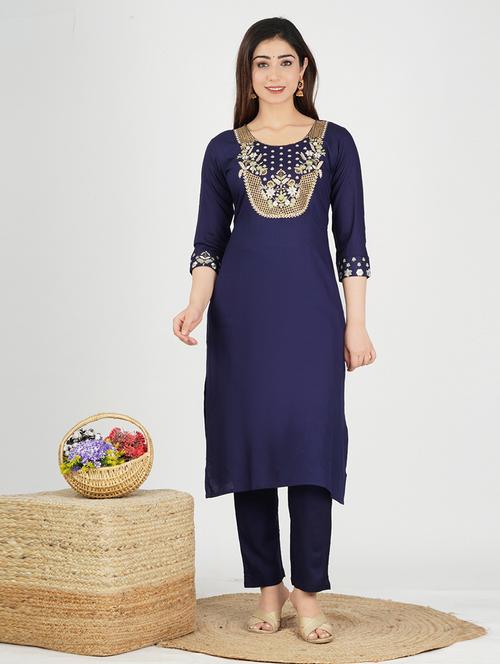 women blue round neck kurta pant set - 20990255 - Very Small Image - 1