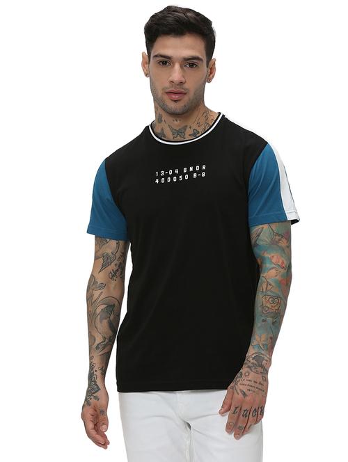 black cotton color block chest print t-shirt - 20998751 - Very Small Image - 1