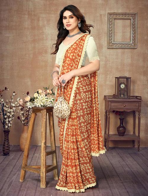 women brown printed lace work saree - 20999944 - Very Small Image - 1