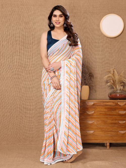 white georgette printed saree with blouse - 21000041 - Very Small Image - 1