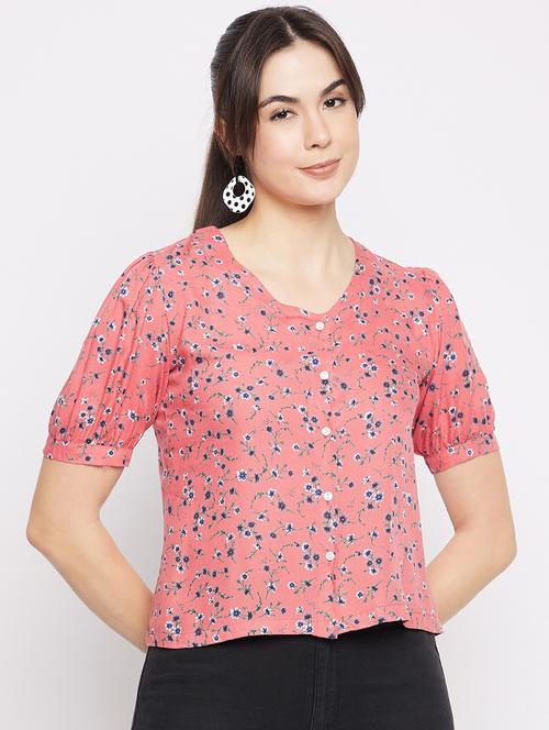 coral pink floral printed regular top - 21009305 - Very Small Image - 1