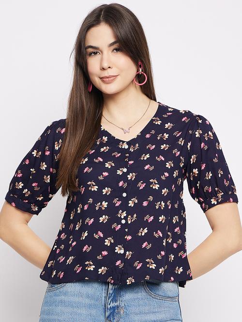 navy blue floral printed regular top - 21009309 - Very Small Image - 1