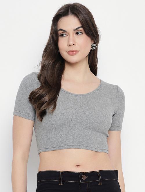 women solid round neck crop top - 21009371 - Very Small Image - 1