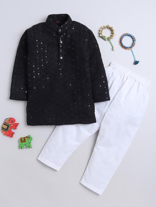 kids mandarin neck sequined kurta pyjama set - 21016406 - Very Small Image - 1