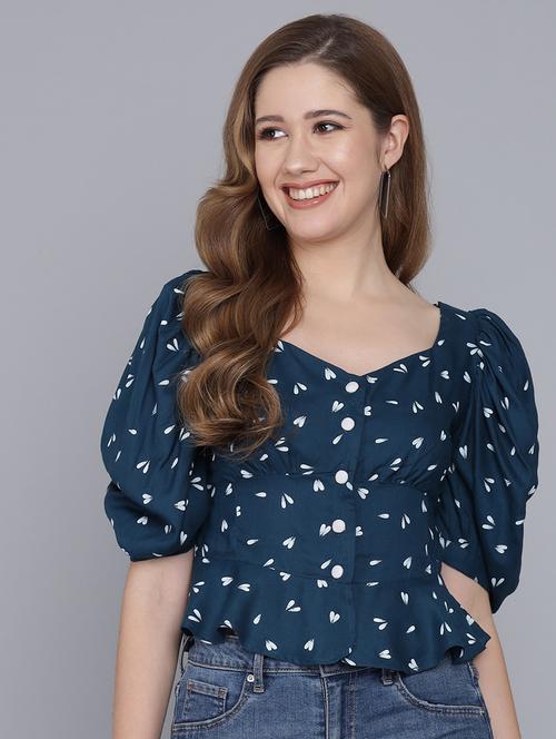 teal blue printed detailed casual top - 21016465 - Very Small Image - 1