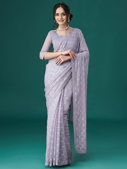 lavender chiffon embellished saree - 21017064 - Very Small Image - 1
