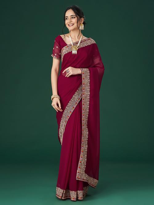 women solid with bordered saree with blouse - 21017066 - Very Small Image - 1