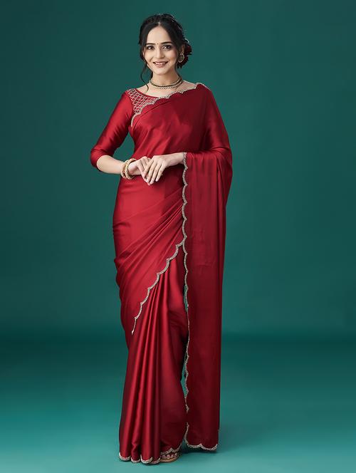 maroon satin embellished saree with blouse - 21017068 - Very Small Image - 1