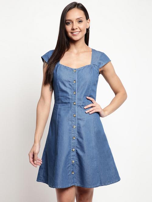 women blue solid fit & flare dress - 21017164 - Very Small Image - 1