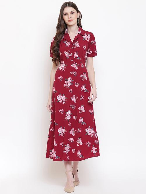 maroon floral printed detailed dress - 21017173 - Very Small Image - 1