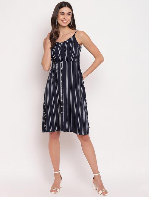 women navy blue stripes fit & flare dress - 21017187 - Very Small Image - 1