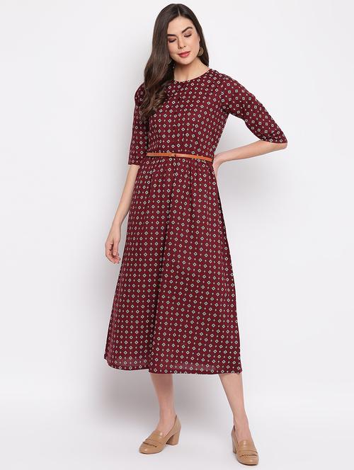 maroon printed detailed midi dress - 21017202 - Very Small Image - 1