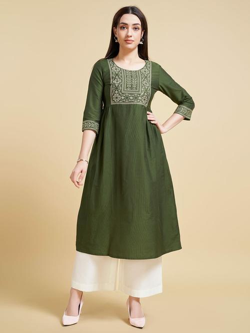 olive silk blend straight kurta - 21017952 - Very Small Image - 1