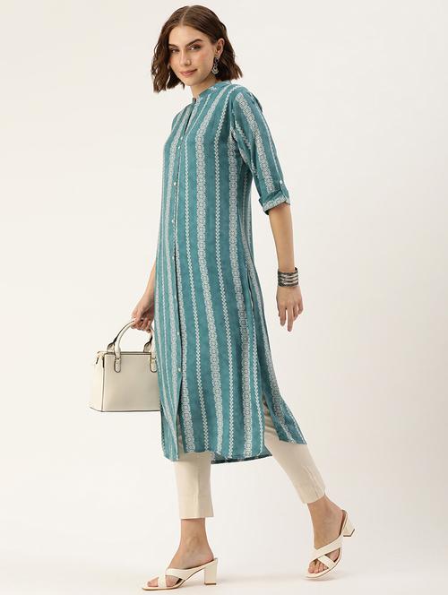 teal rayon straight kurta - 21018154 - Very Small Image - 1