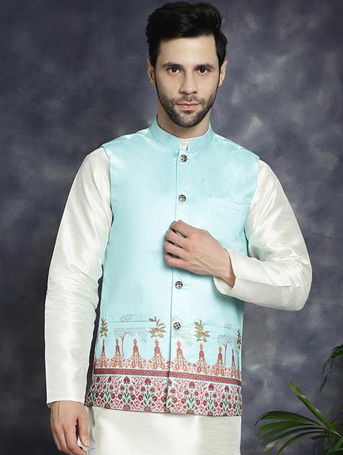 light blue silk blend nehru jacket - 21018443 - Very Small Image - 1