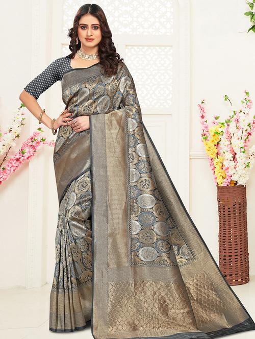 black silk banarasi saree with blouse - 21019139 - Very Small Image - 1