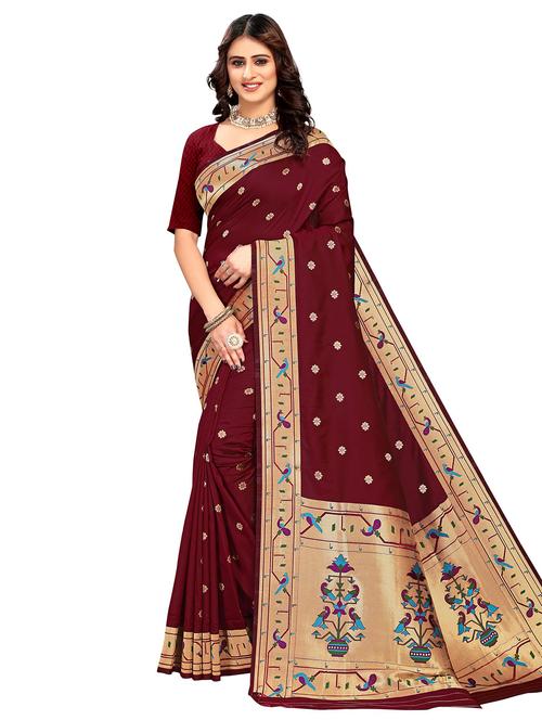 maroon silk patola saree with blouse - 21019168 - Very Small Image - 1