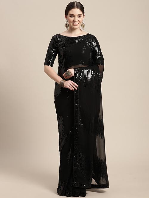 black sequins embroidered saree with blouse - 21019237 - Very Small Image - 1