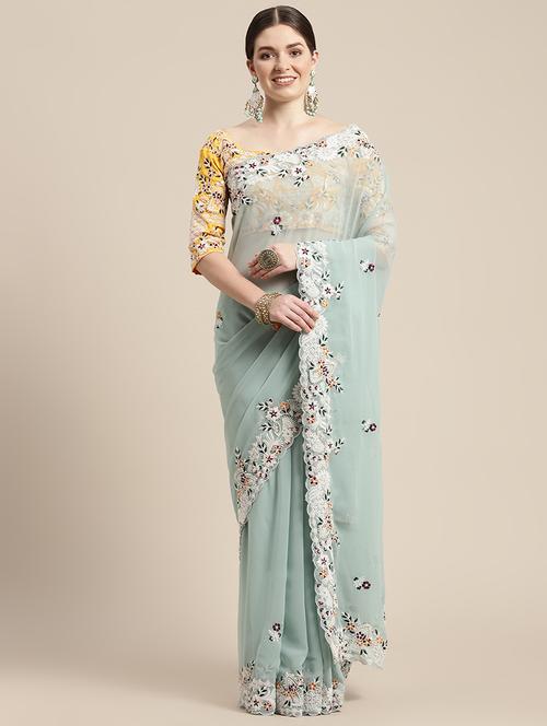 light blue embroidered saree with blouse - 21019248 - Very Small Image - 1