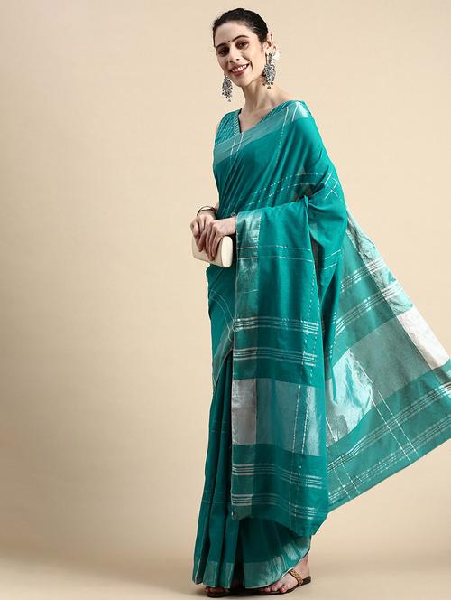 turquoise cotton mysore silk saree with blouse - 21019289 - Very Small Image - 1