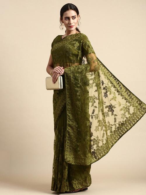 olive net embroidered saree with blouse - 21019324 - Very Small Image - 1