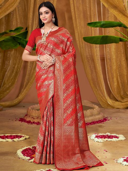 orange silk banarasi saree with blouse - 21019494 - Very Small Image - 1