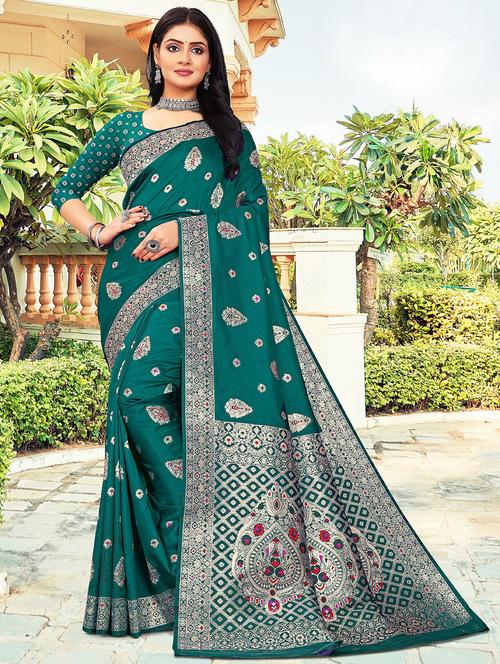 green silk banarasi saree with blouse - 21019606 - Very Small Image - 1