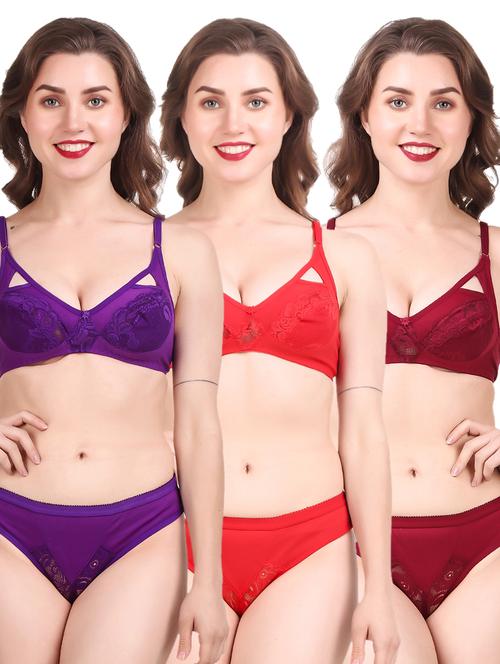 pack of 3 women multi coloured bra & panty set - 21021579 - Very Small Image - 1