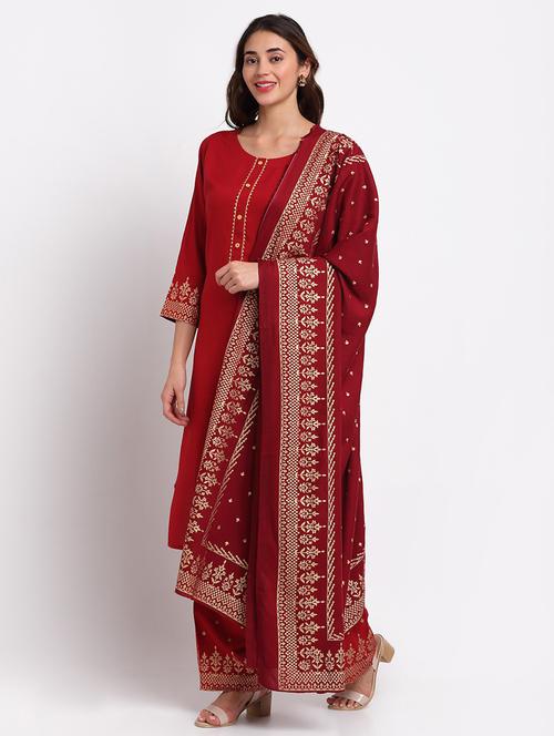 women red kurta palazzo set with dupatta - 21022559 - Very Small Image - 1